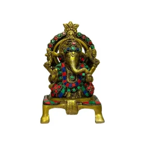 Brass Multicolor Lord Ganesha Idol with Decorative Stone Work